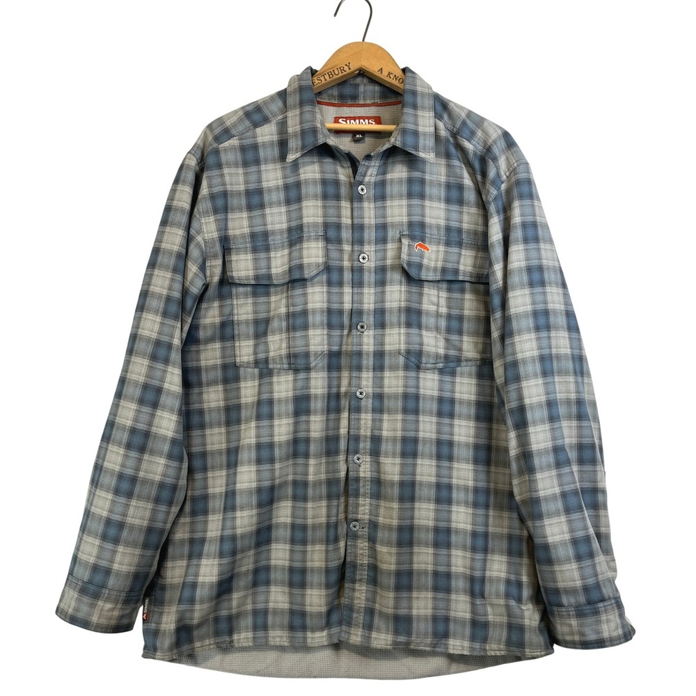 Simms Fishing Products Mens XL Blue Plaid Waffle Lined Flannel Shirt Jacket